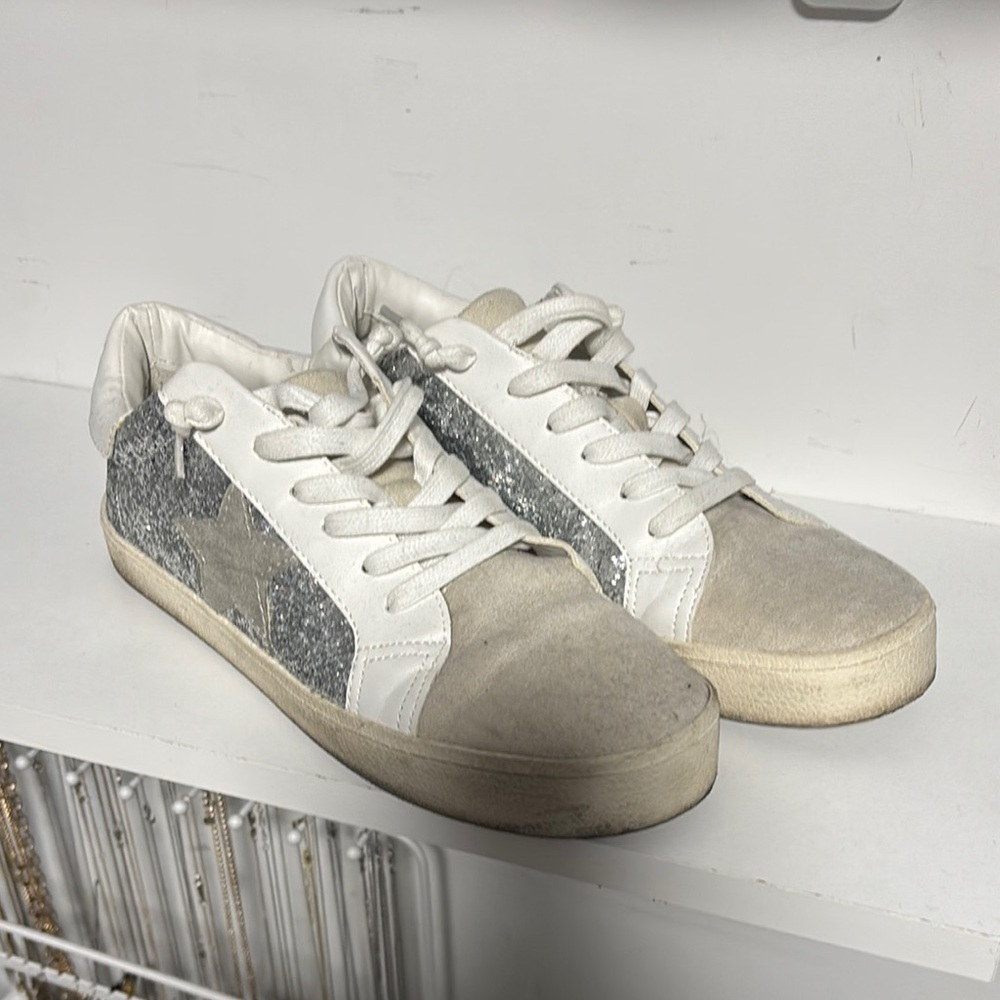 Madden Girl White and Gray Glitter Sneakers